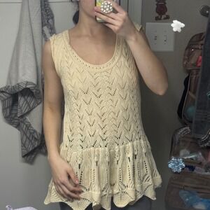 Boston Proper Cream Crochet Lace Peplum Tunic Top Sweater Women's